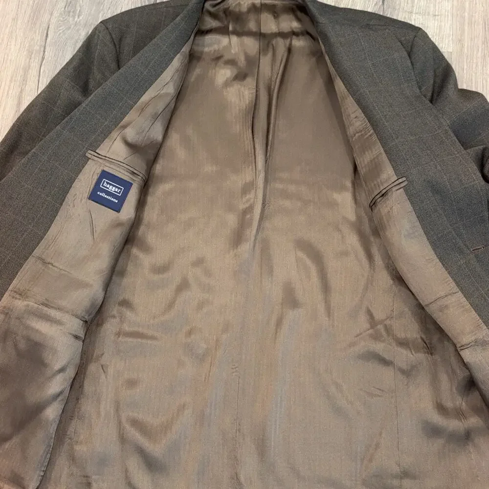 Haggar Mens Sport Coat Blazer 2 Button Brown Plaid Windowpane Jacket Size 46L